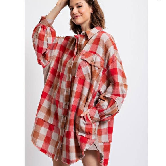 Red and Tan Plaid Button Down oversized shirt - Picture 5 of 12